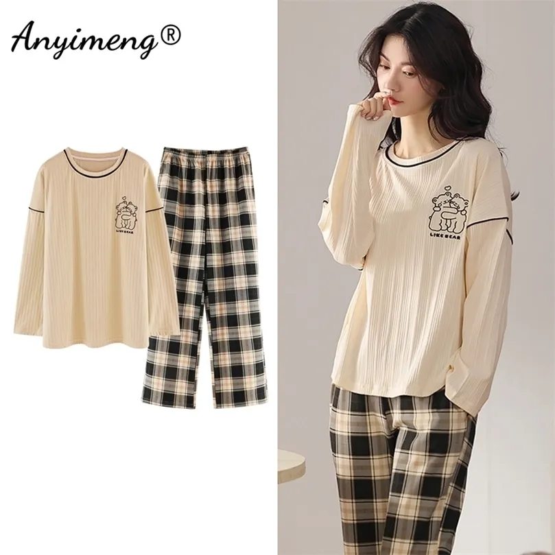 Autumn Winter Korean Kawaii Pyjama Set For Women Pyjamas Cotton Long Sleeve Big Pijamas Fashion Sleepwear Plus Size 4XL 5XL 220511