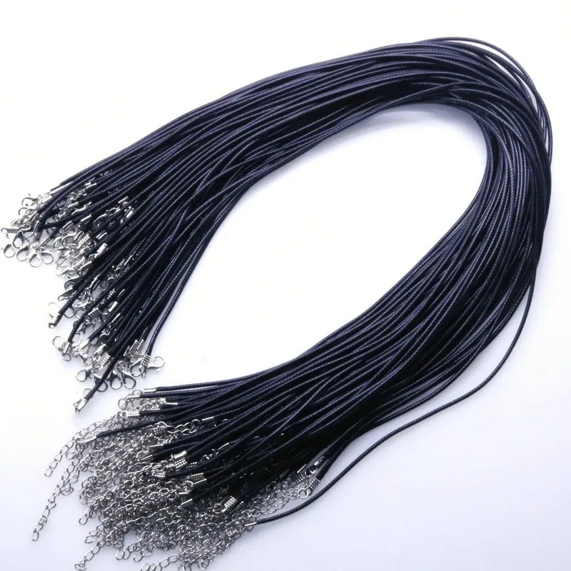 Chaînes de cordon en cuir noir de 2mm, 15 pièces/lot, corde tressée réglable de 50cm pour bricolage, collier, Bracelet, résultats de fabrication de bijoux