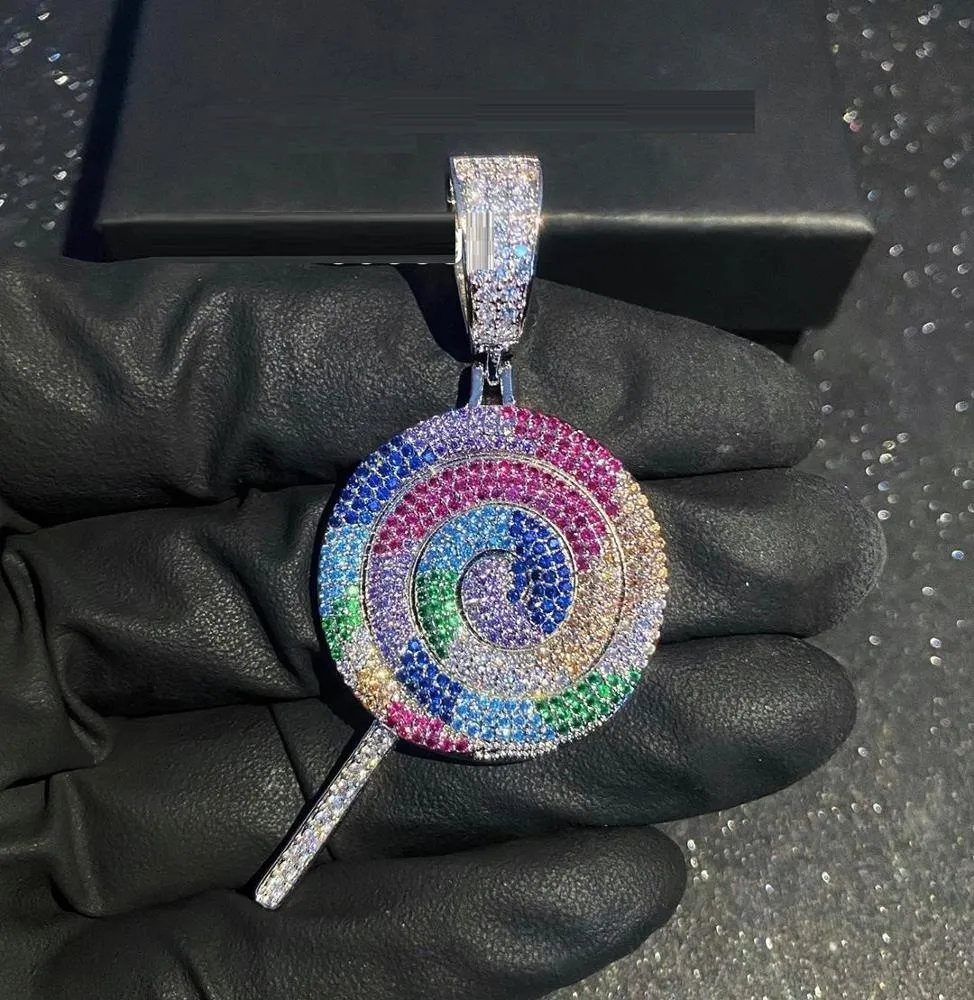 Hip Hop CZ Multi Color Lollipop Iced Out Cubic Zircon Necklace Pendant For Women Men smycken charm CZ Tennis Chain