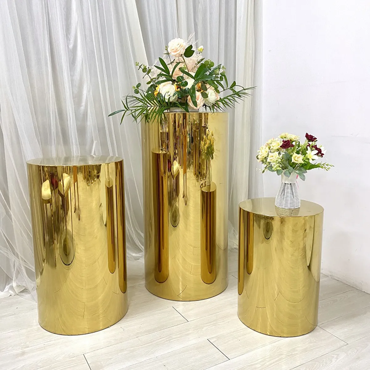 3 pièces/ensemble décoration de mariage or/argent miroir gâteau fleur Dessert Table fête arrière-plans en métal socle de table