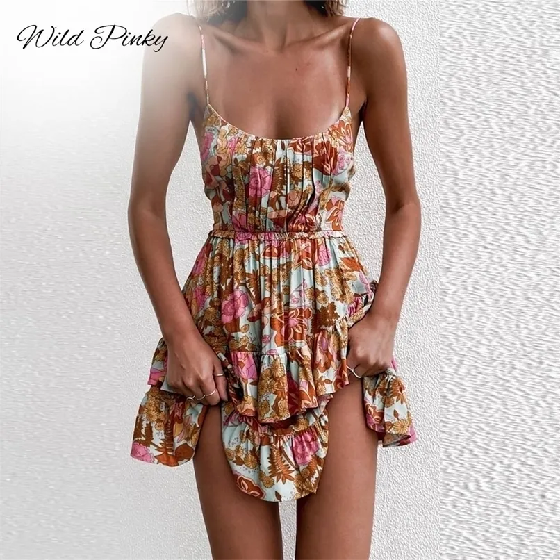 Wildpinky Summer Women Dress Sleeveless Floral Stampa ONECK High Waist Ruffles Vintage Female Mini Beach Dress Vestitidos 220523