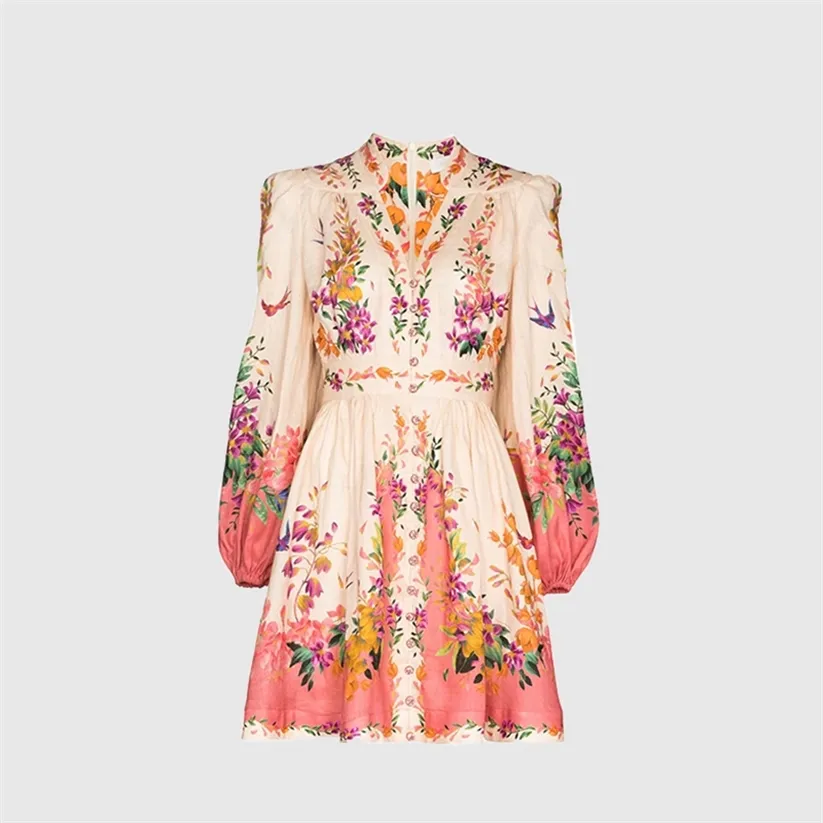 Letnia moda elegancka damska krótka sukienka kolorowa bąbelek w dekolcie z długim rękawem Casual Camping Piękny styl 220504