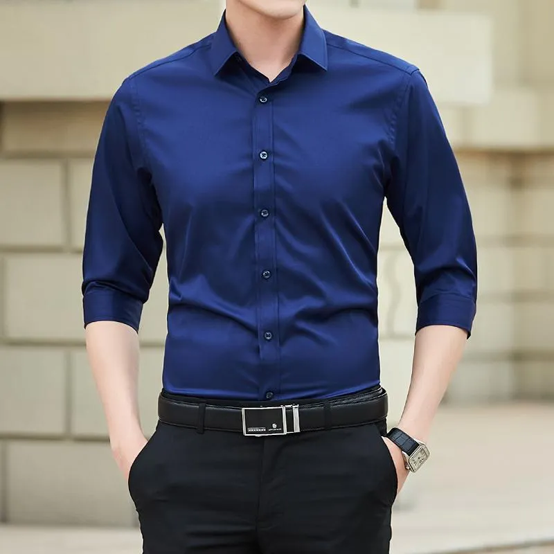 Chemises décontractées pour hommes Chemise d'affaires coréenne pour hommes Chemise à manches trois-quarts Stretch Slim Beau demi-vêtement pour hommes