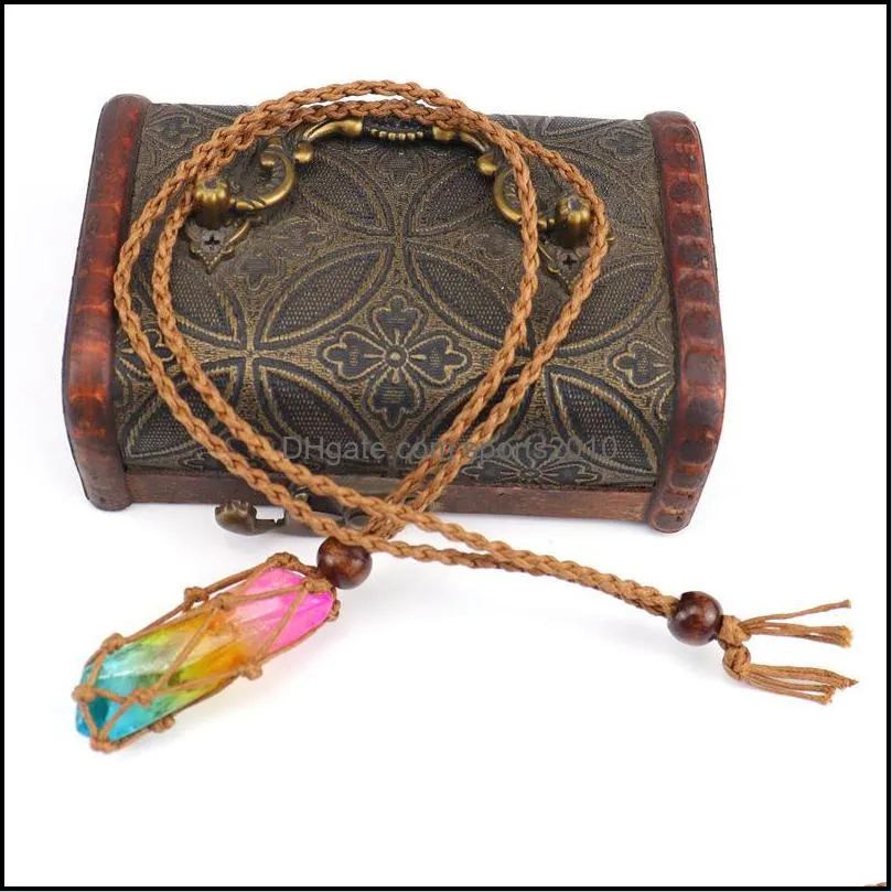 healing crystal column dyed natural stone pillar pendant weave net bag charms green pink crystals brown rope chain necklaces wholesale christmas jewelry