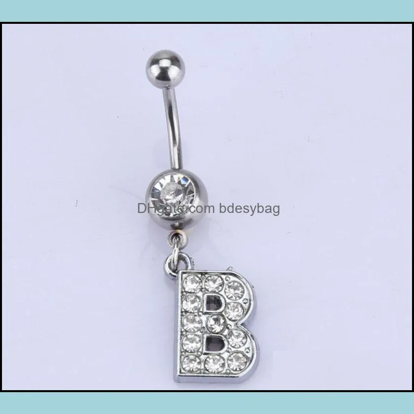 26 letter style Charming Body Piercing Crystal Rhinestone Inlaid Navel Belly Button Ring stainless steel Jewelry