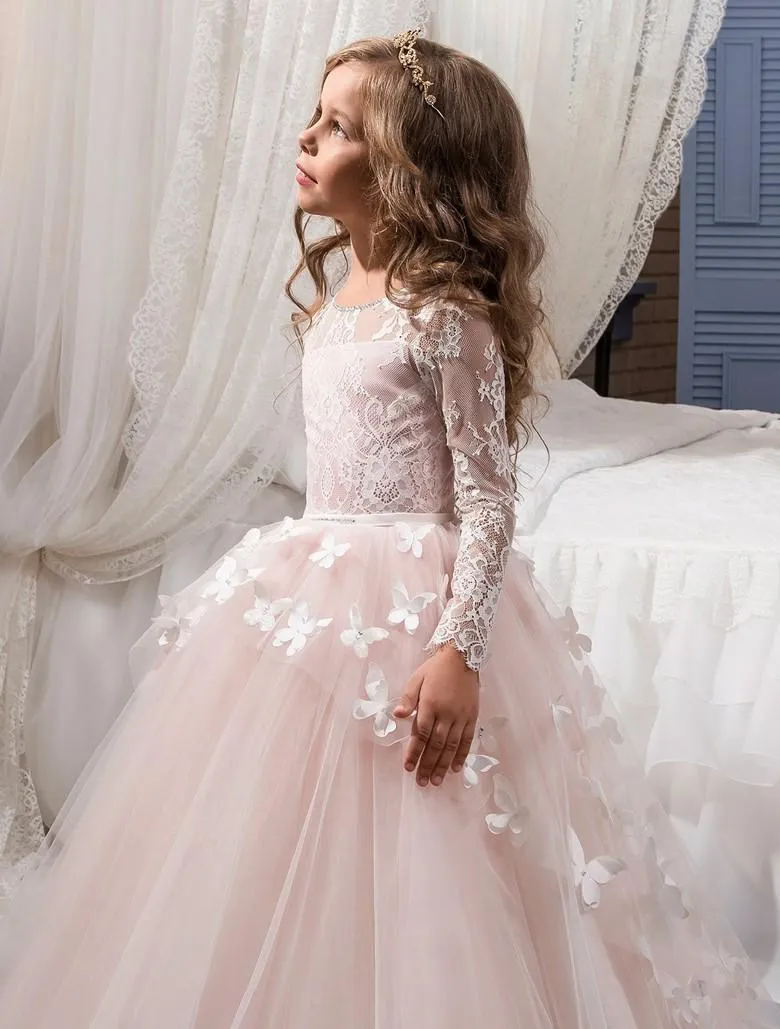 Girl s Dresses Fancy Flower Girl Party Dress Child Long Sleeves Butterfly Pink Mesh Ball Gowns Kids Holy Communion For Custom Made