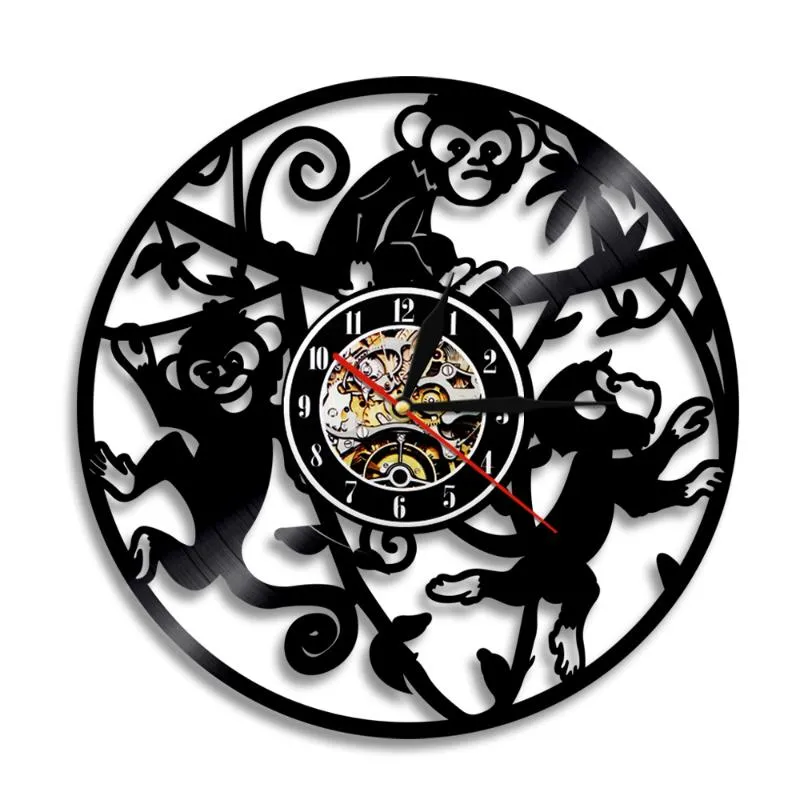 壁の時計動物園のベビーモンキーぶらぶらブランチビンテージ時計ジャングルサファリかわいい動物レコード時計キッズルーム装飾ウォッチウォール時計cl