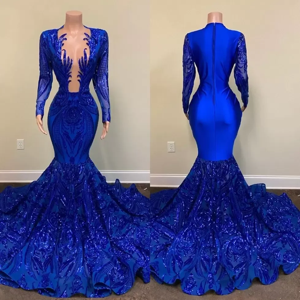 Königsblaue Meerjungfrau-Abschlussballkleider, glitzernde Spitze, Pailletten, lange Ärmel, schwarzes Mädchen-Abendkleid für afrikanische Berühmtheiten