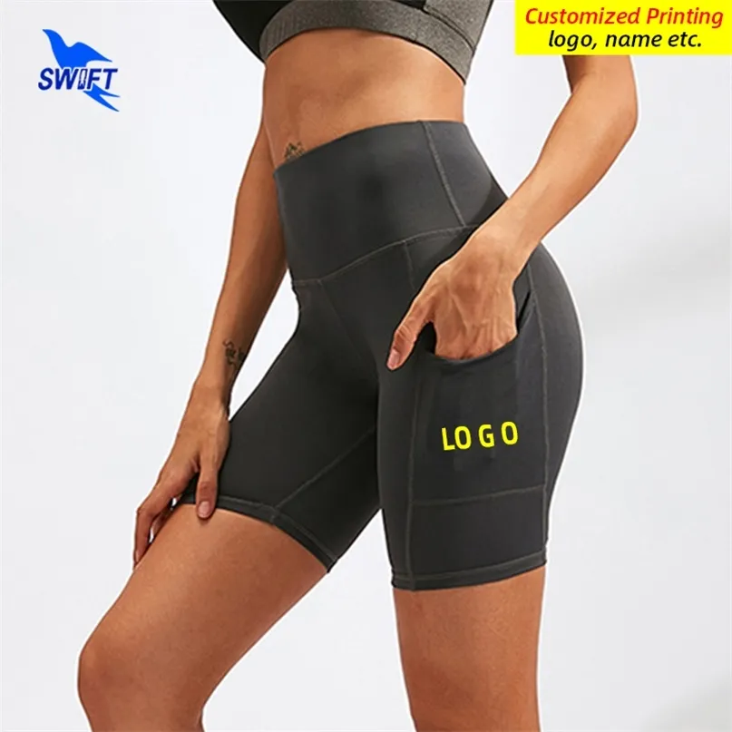 Customize Women Sports Shorts with Pocket Quick dry High Waist Yoga Running Tights Push Up Gym Fitness Short Leggings 220704