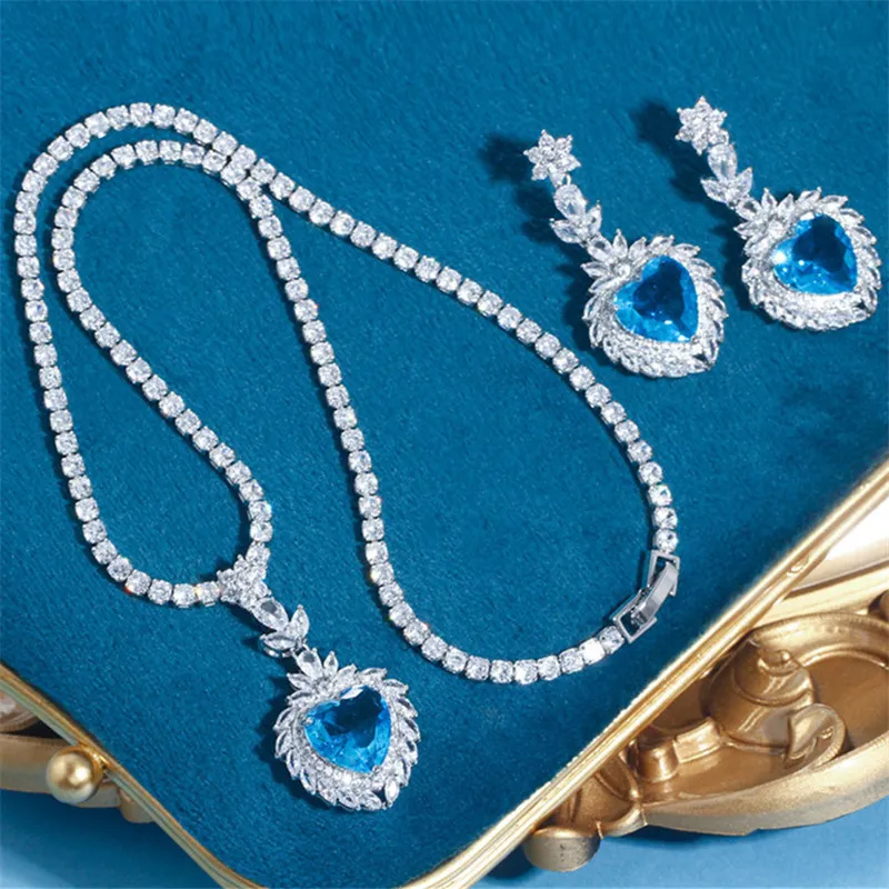 Sparkling bröllopsdesigner smycken set hjärta tennis halsband örhänge afrikanska uppsättningar blå grön aaa zirkoniumkvinna diamantörhängen halsband middag fest