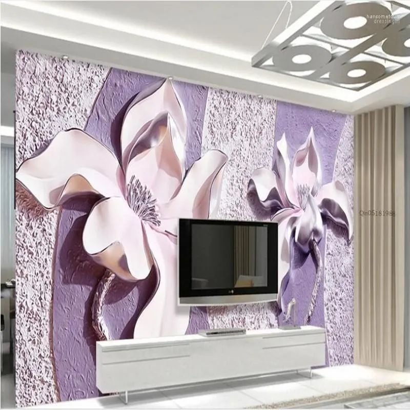 Murales personalizados en relieve púrpura Magnolia 3d TV Fondo sala de estar cama Bar KTV papel tapiz autoadhesivo para niños1