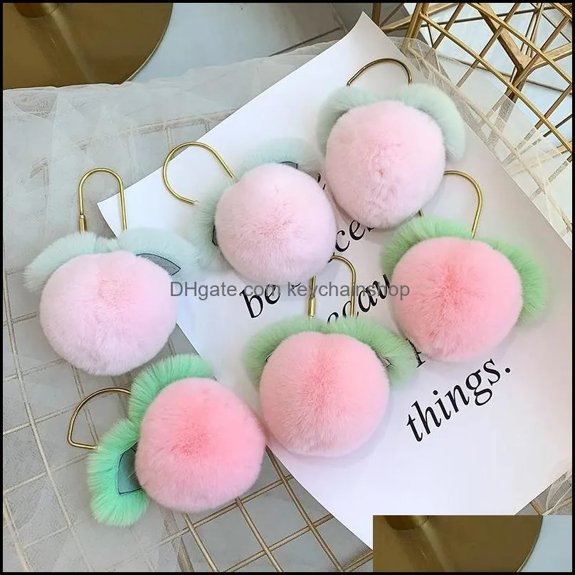 fake rabbit fur ball heart-shaped pompom peach chain key rings ballet angel girl fourry pompon women bag jewelry