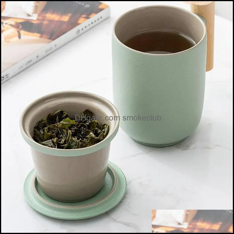 Ceramic frosted home office wooden handle rough pottery mug with lid filter tea water separation tea cup RRE13720