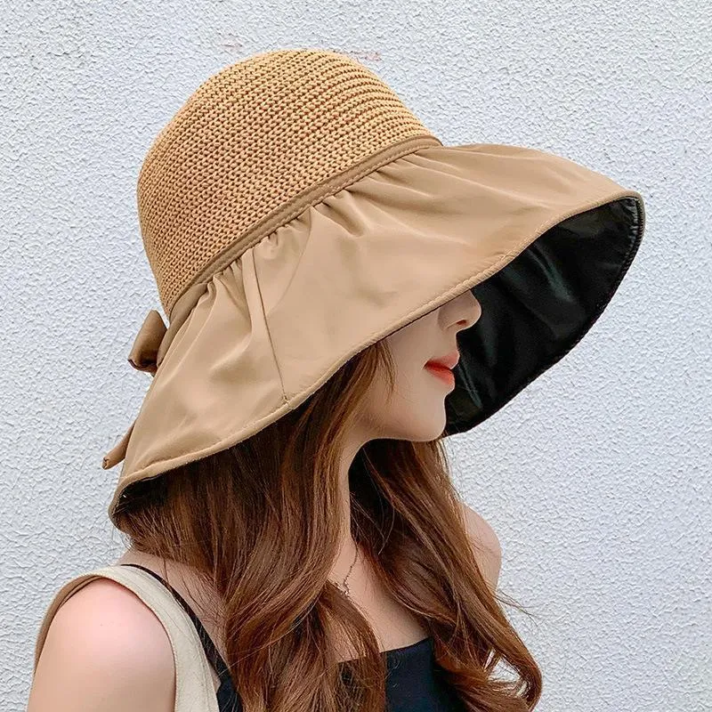 Wide Brim Hats Summer Hat For Women Straw Woven Sun Protection Beach Female Floppy Bucket Cap Portable Gorro Ladies HatsWide Pros22