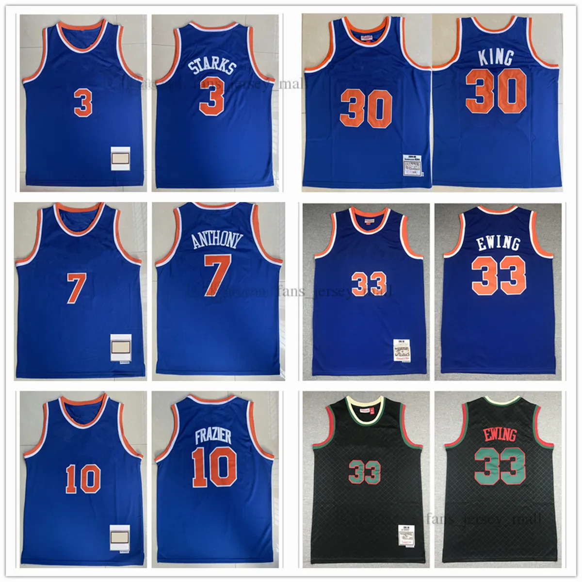 Jerseys de basquete de costura retrô 3 John 7 Carmelo Starks Anthony 10 Walt 30 Bernard Frazier King Patrick 33 Ewing 91-92 84-85 72-73 Jersey Branca azul