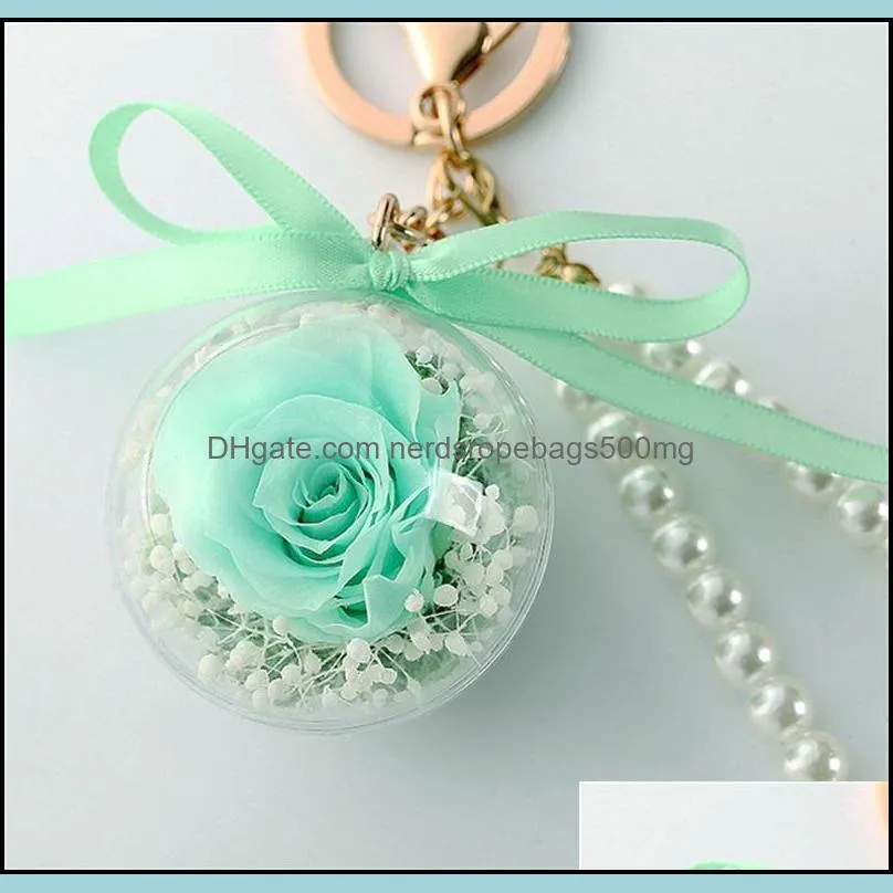 Preserved Rose Flower In Acrylic Ball Key Chain Immortal Flower Tassel Romantic Gift Valentine`s Day Birthday1 1386 T2