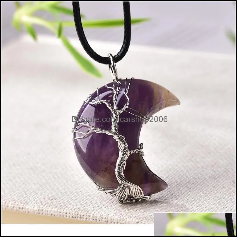 1pc Natural Crystal Pendant Tree Of Life Moon Shape Stone Quartz Mineral Jewelry Healing Stone For Men Women Jewe jllAJW