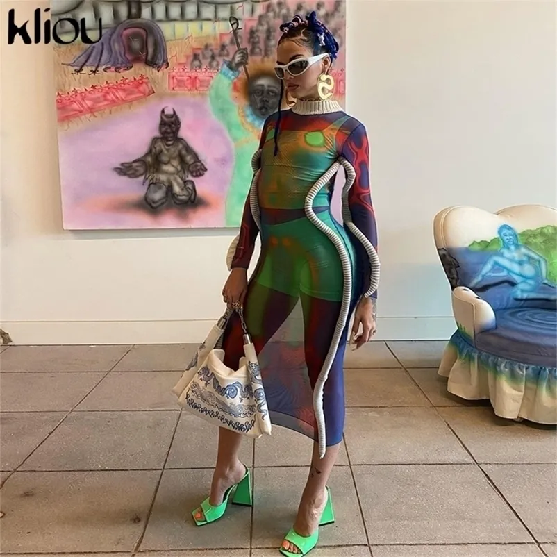 Kliou Y2K Mesh Maxi Dress Women Undefined Hipster Foam Vine Robe Long Sleeve Turtleneck Female Party Club Attirewear Multi-color 220317