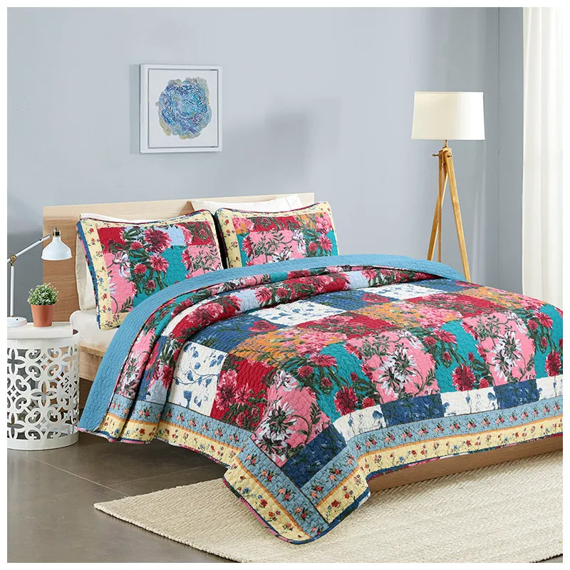 Beddengoed sets 240*260 cm Mode Pastorale Stijl Bloemen Afdrukken Splicing Tartan Ontwerp Katoenen Dekbed Set Wasbare Zomer Spreien 20220517 D3