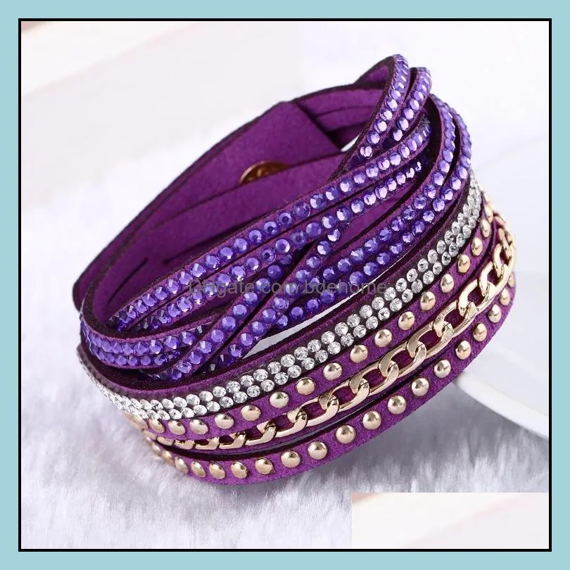 women new fashion pu leather wrap wristband cuff punk rhinestone bracelet crystal bangle charm bracelets 10colors 17121313