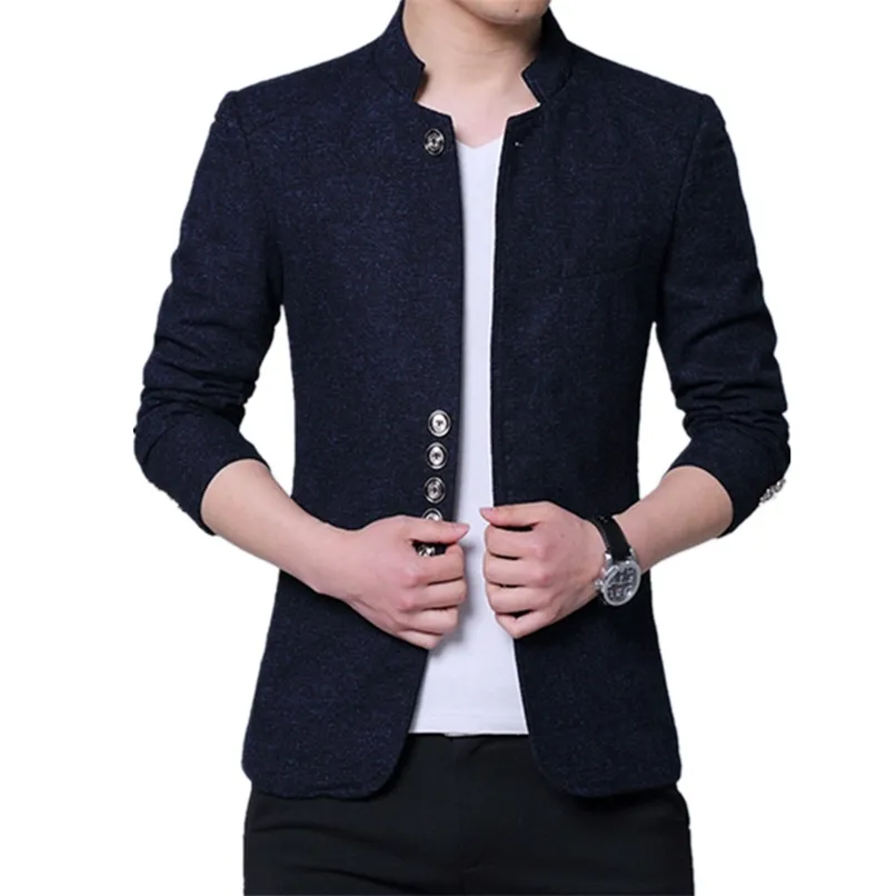 Men Fashion Stand Collar Slim Fit Chinese High Quality Blends Suit Jacket / Male Casual Trend Large Size Wool Blazer Coat 220514