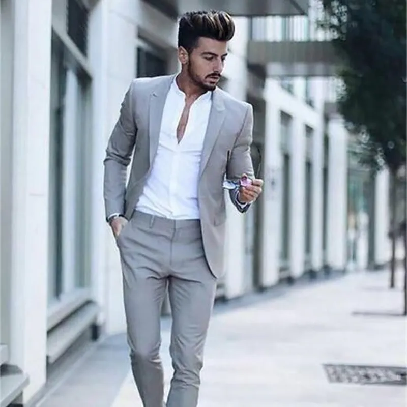 Casual Grey Men Suits Fashion Street Smart Business Man Tuxedo Summer Beach Wedding Suits For Men Prom Party Man Suit 2st 201106