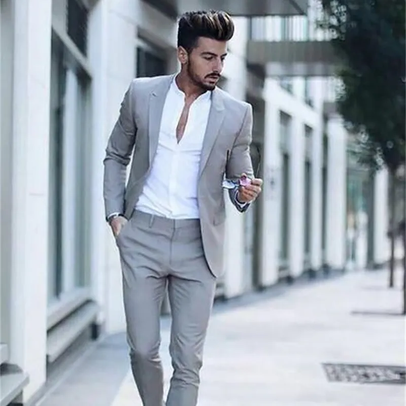 Casual Grigio Abiti da uomo Fashion Street Smart Business Smoking maschile Summer Beach Abiti da sposa per uomo Prom Party Man Suit 2PCS 201106