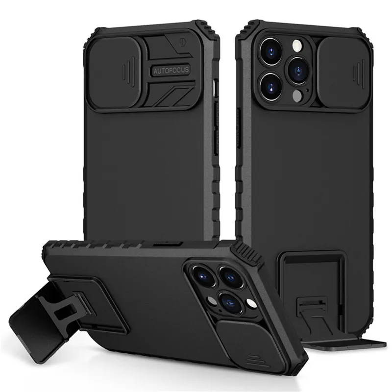 Pantser telefoonhoesjes met ingebouwde standaard schuifcamerafondiging militaire kwaliteit schokvrije beschermhoes voor iPhone 14 13 pro max 12 11 7 8 plus xs xr