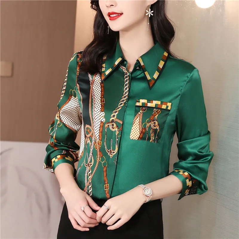 Tops de dise ador de lujo Blusa de sat n dorado Camisas con botones formales con solapa de manga larga para mujer 2023 Camisa y blusas con estampado