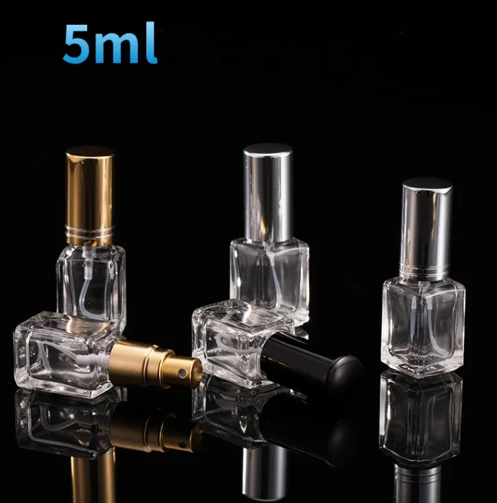Bouteilles en verre de 5ml, flacon de parfum, Mini poche de voyage, échantillon de parfum vide avec couvercles en or noir et argent, vente en gros