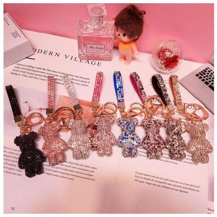Party Favor Key Ring PVC Keychain DIY Craft Cartoon Bear Handmade Rhinestone Crystal Key Chains Charm Pendant Keychains For Women Gifts SN4873