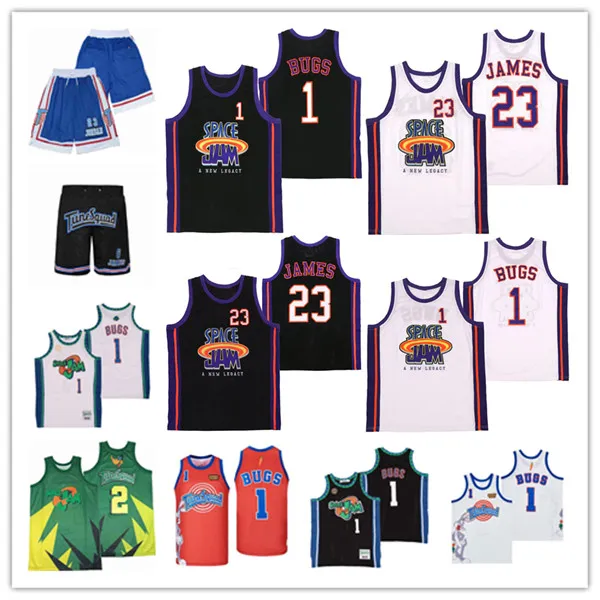 Homens Filme # 1 Bugs # 23 James Space Jam Novo Legado Basquete Jerseys Costurado Outdoor Sportswear Cultura Hip-Hop 2022 Verão Preto Branco Tamanho S-XXL