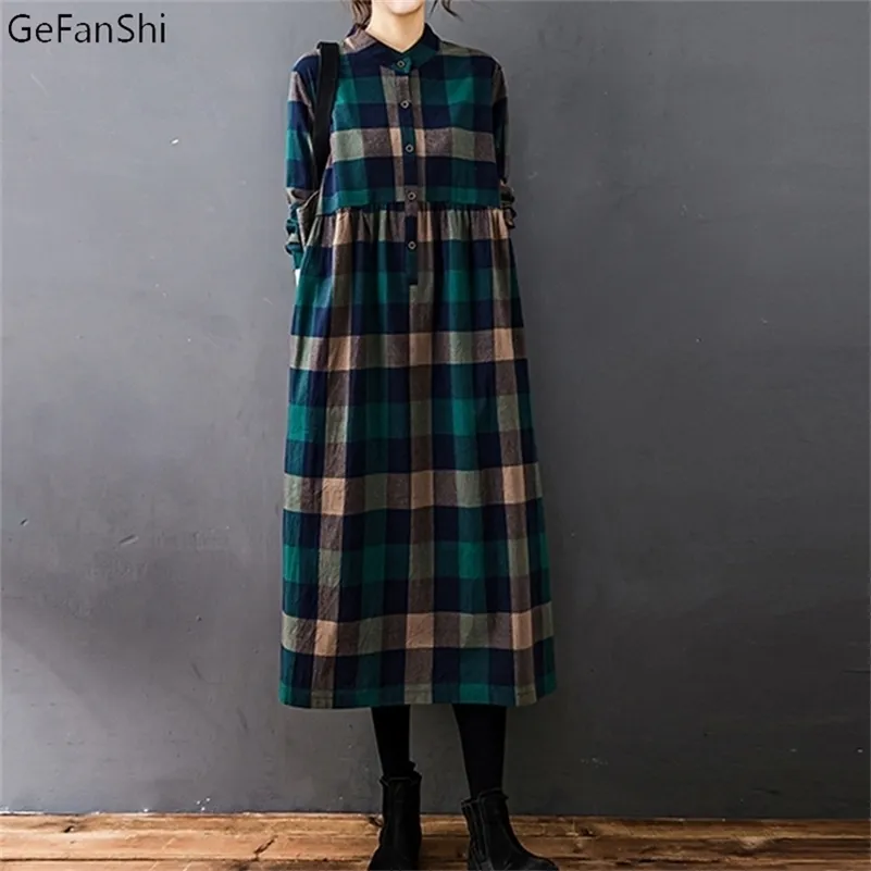 Jesień Zima Kobiety Dress Vintage Plaid Casual Luźna Moda Bawełniana Pościel Z Długim Rękawem Eleganckie Damskie Dresses Odzież 220316