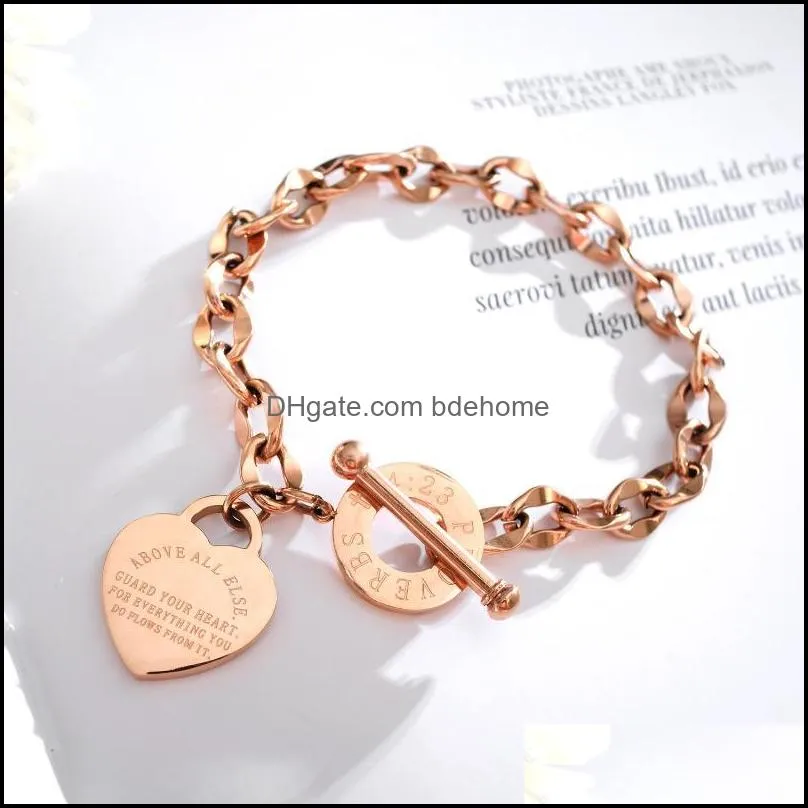 New Fashion Heart Bracelet Round Bracelet Bible Proverbs 4:23 Titanium Steel Women`s Jewelry