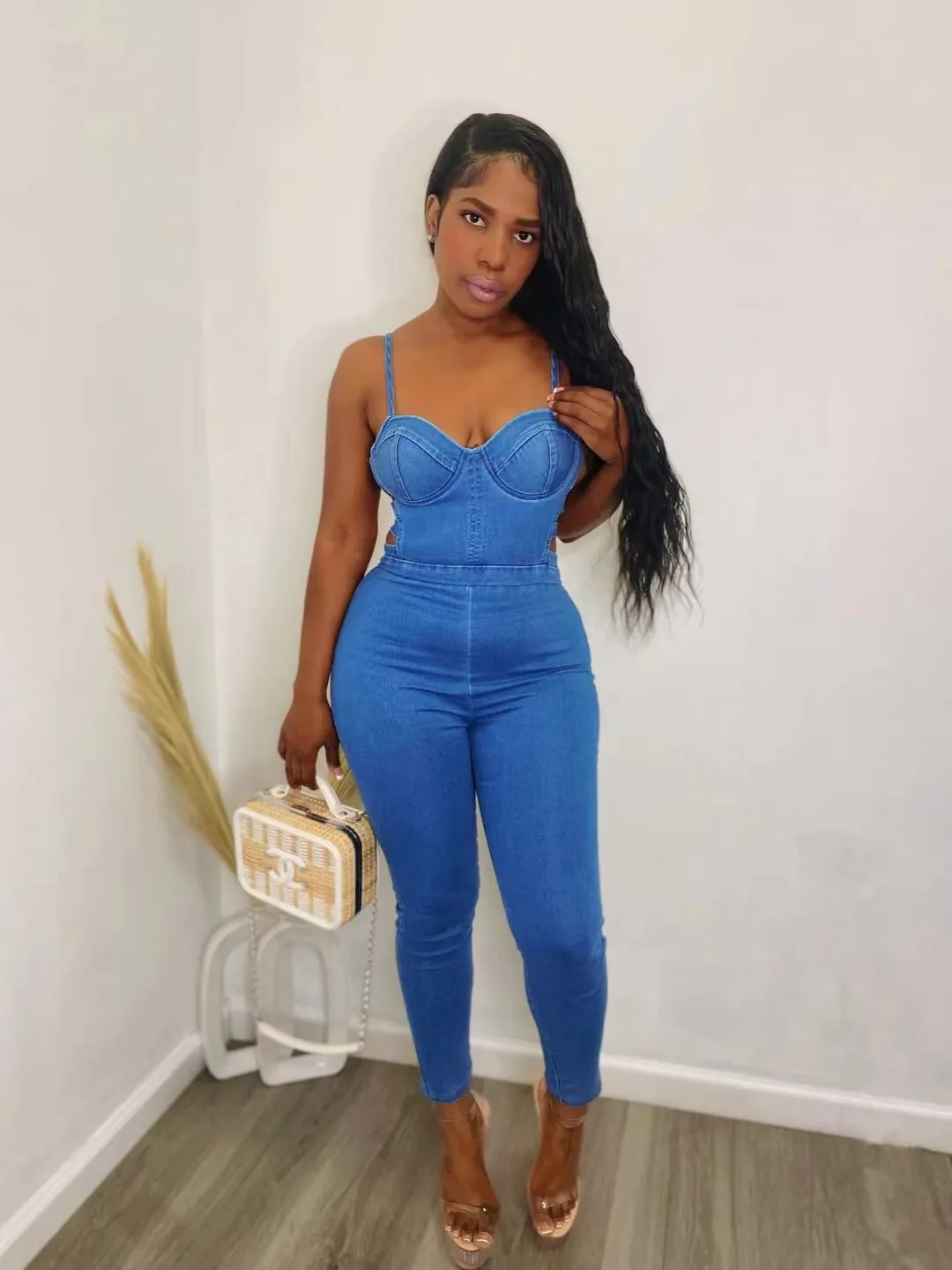 Denim playsuit long sleeve cheap
