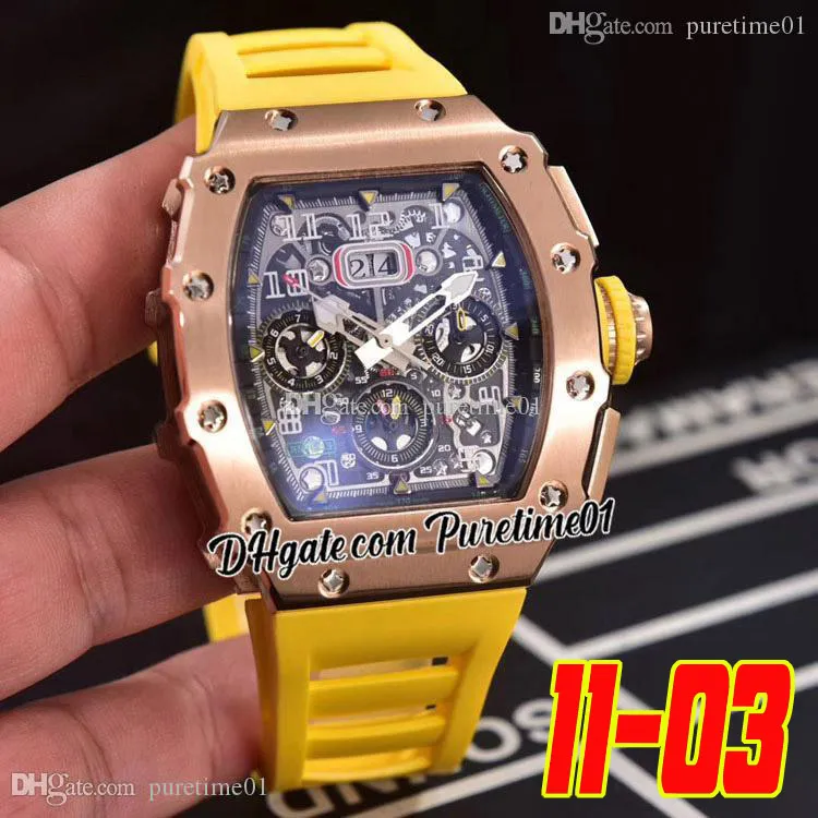 2022 11-03 Miyota Mens Automático Assista Gold Rosa Black Amarelo Dial Squeletão Big Date Número Marcadores de Borracha 6 Estilos Sports Sports PureTime01 1103-RGB2