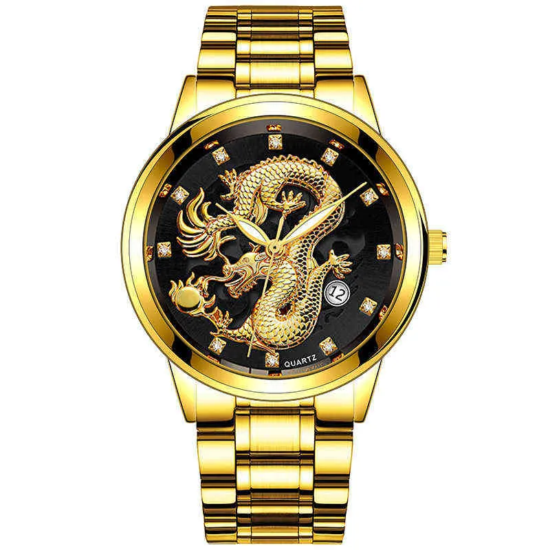 Luxury herenontwerper kijkt naar gouden reli￫f Golden Dragon Non Mechanical Business Alloy Diamond Kalender Quartz Herenhorloge