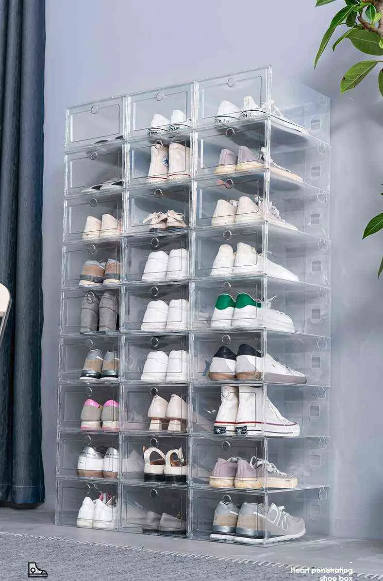 12pcs Shoe Box Set Multicolor Foldable Storage Plastic Clear Home Organizer  Shoe Rack Stack Display Storage Organizer Single Box AA220326