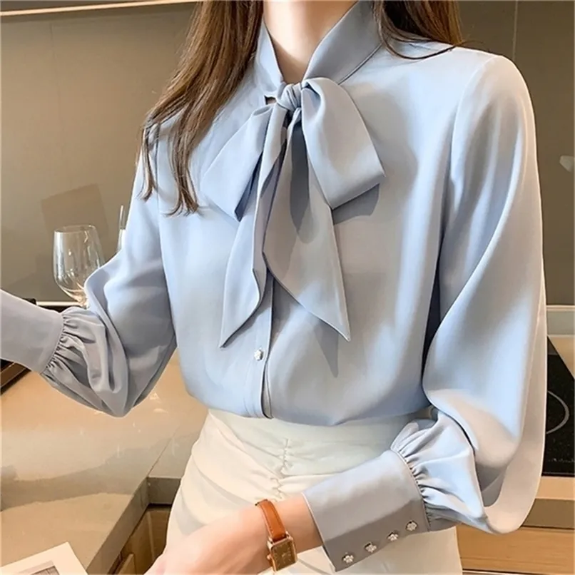 Skjortor blus vintage arbete casual topp chiffong skjorta båge elegant lös kvinnors affärsskjorta 220812