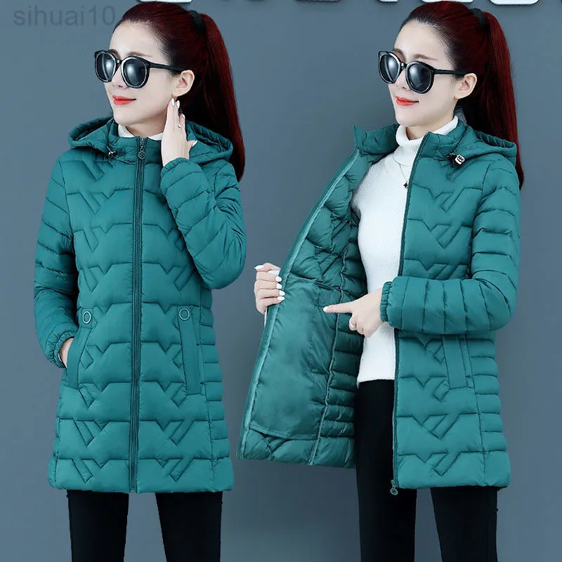 厚いパーカーの女性のフード付き冬用ジャケット2022韓国韓国のゆるいコットンスリムコートマザープラスサイズソリッドウォームロングアウトウェア6xl l220730