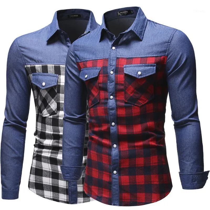 Männer Casual Hemden 2022 Europäischen Code Denim Kleidung Mode Kampf Plaid Langarm Futter Luxus Klassische Rote Und Blaue Hemd