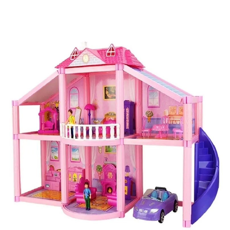 DIY Family Doll House Dolls Accessories Toy With Miniature Furniture Garage Car Diy Doll House Toys for Children Gifts LJ201126