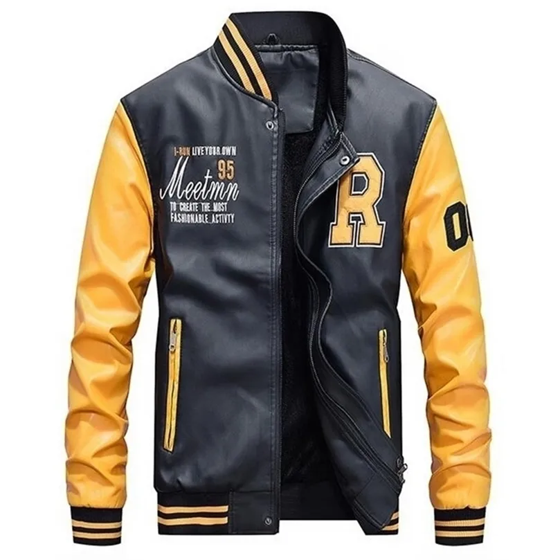 Men Baseball Jacket Embroidered Leather Pu Coats Slim Fit College Fleece Luxury Pilot Jackets Men's Stand Collar Top Jacket Coat 201218