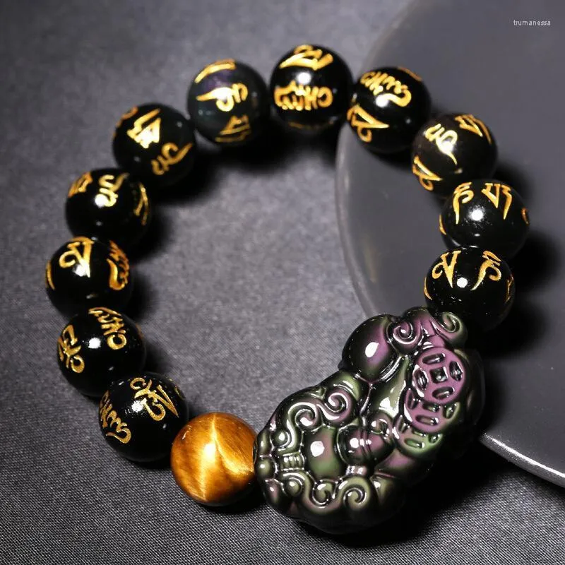 Beaded Strands Bracelet obsidienne noir Original pour hommes femmes perles naturelles vraies pierre oeil de tigre bouddha Bracelet bonne chance richesse Feng T