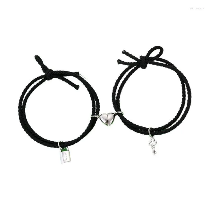 Link Chain 2pcs/Set Cute Key Lock Couple Bracelet Love Heart Magnet Men Women Gift Friendship Charms Elastic Hand Rope Jewelry Dropship Inte