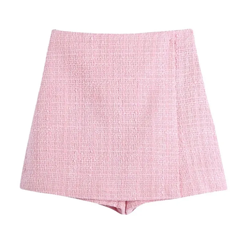 Mulheres chique moda tweed shorts saias vintage cintura alta voltar zíper feminino skort mujer w220322