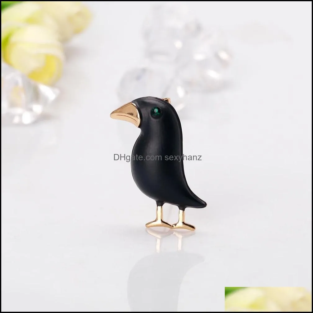 Crow Brooch Black Paint Bird Enamel Brooches for Men Women Suits Dress Hat Collar Pins Animal Gifts