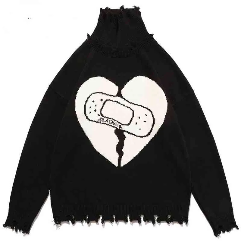 Turtleneck tröja män hjärtformad bandage brev tassel rippad stickad tröja lös vintage high street punk jumper vinter t220730