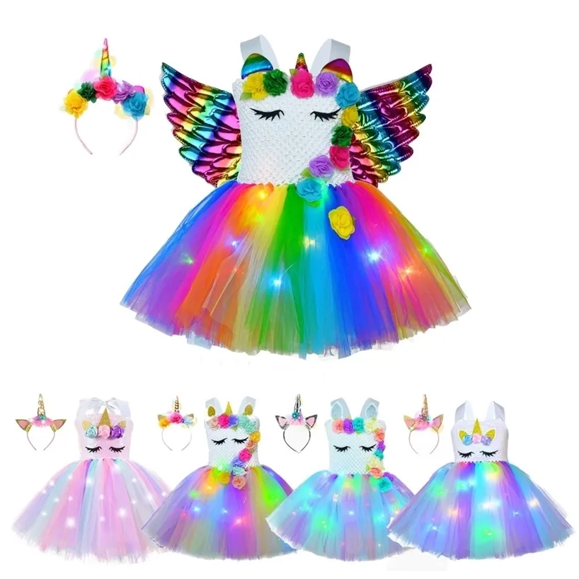 Princess Girls Shiny Tutu Dress Children Cartoon с светодиодными платьями крылышки сцены повязка на голову для девочки 220426