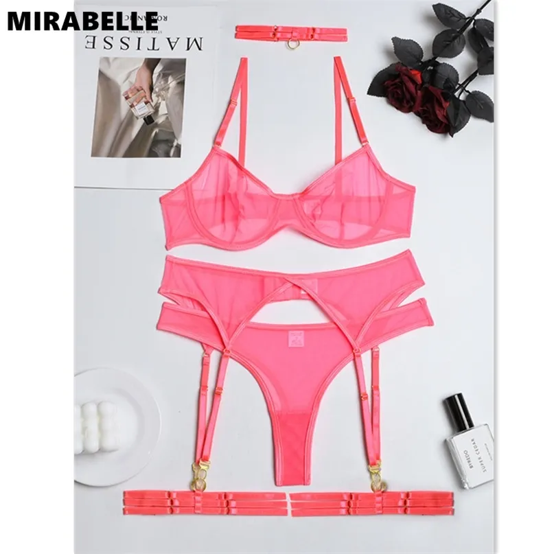 MIRABELLE Set intimo sensuale Donna 4 pezzi Biancheria intima erotica sexy Reggiseno Giarrettiere Set di slip Abiti senza cuciture in pizzo trasparente 220513